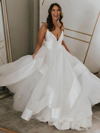 Satin Organza V-neck Sweep Train Ball Gown Wedding Dresses #PWD00023546
