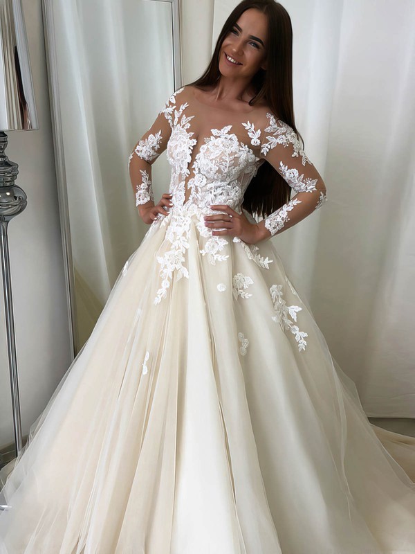 Tulle Scoop Neck Sweep Train Ball Gown Appliques Lace Wedding Dresses #PWD00023549