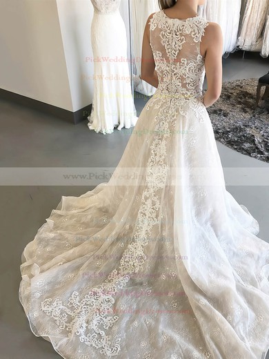 Lace Scoop Neck Sweep Train Ball Gown Appliques Lace Wedding Dresses #PWD00023550