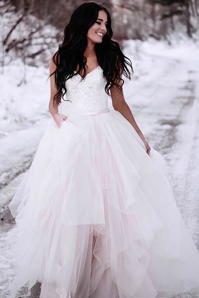 Tulle V-neck Floor-length Ball Gown Appliques Lace Wedding Dresses #PWD00023551
