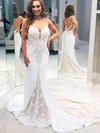 Lace Stretch Crepe V-neck Court Train Trumpet/Mermaid Appliques Lace Wedding Dresses #PWD00023553