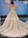 Tulle Off-the-shoulder Sweep Train Ball Gown Appliques Lace Wedding Dresses #PWD00023555