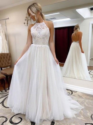 Tulle Halter Sweep Train A-line Lace Wedding Dresses #PWD00023556