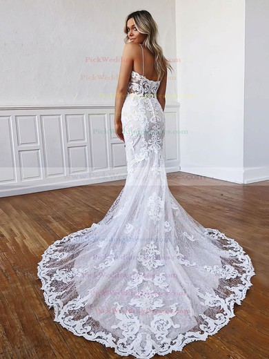 Lace V-neck Sweep Train Trumpet/Mermaid Appliques Lace Wedding Dresses #PWD00023557