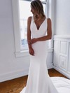 Stretch Crepe V-neck Sweep Train Trumpet/Mermaid Buttons Wedding Dresses #PWD00023558