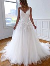 Tulle V-neck Sweep Train Princess Appliques Lace Wedding Dresses #PWD00023560