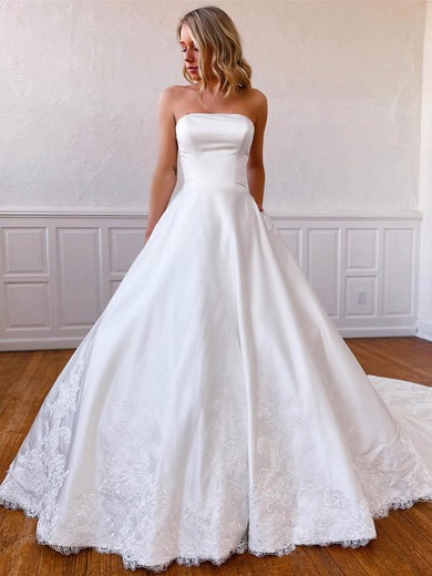 Satin Strapless Chapel Train Ball Gown Appliques Lace Wedding Dresses #PWD00023561