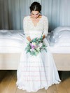 Lace Chiffon V-neck Floor-length A-line Ruffles Wedding Dresses #PWD00023564