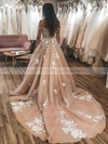 Tulle Off-the-shoulder Sweep Train Ball Gown Appliques Lace Wedding Dresses #PWD00023566