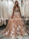 Tulle Off-the-shoulder Sweep Train Ball Gown Appliques Lace Wedding Dresses #PWD00023566