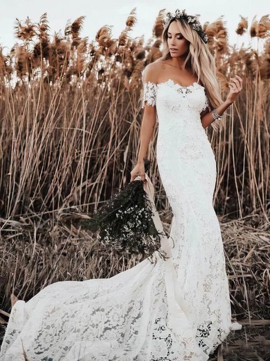 Lace Scoop Neck Sweep Train Trumpet/Mermaid Lace Wedding Dresses #PWD00023571