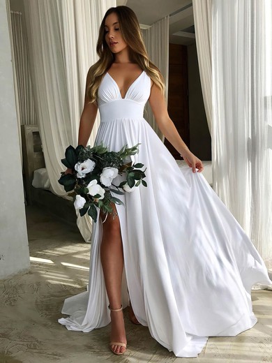 Silk-like Satin V-neck Sweep Train A-line Split Front Wedding Dresses #PWD00023482