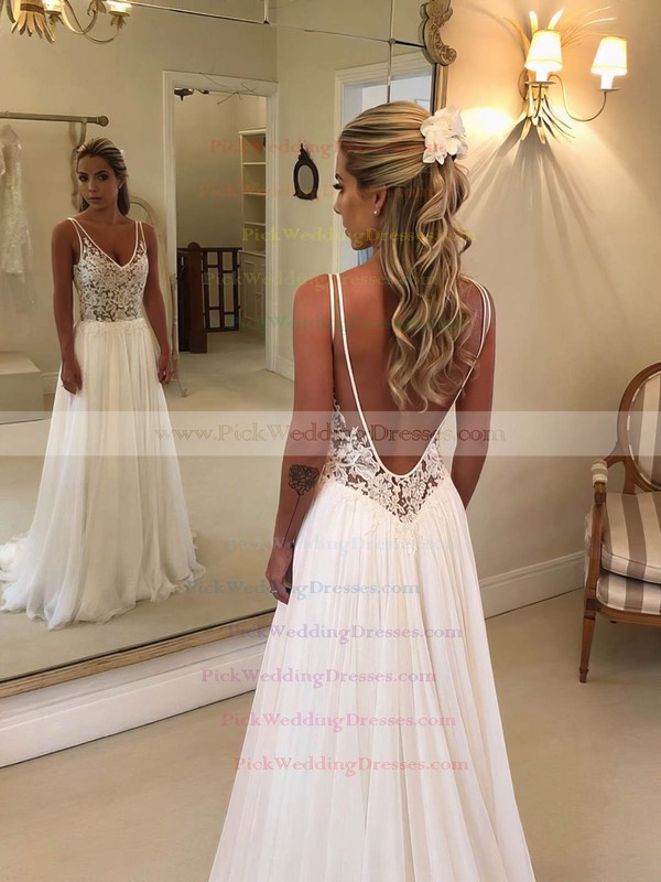 Chiffon Tulle V-neck Sweep Train A-line Appliques Lace Wedding Dresses #PWD00023484