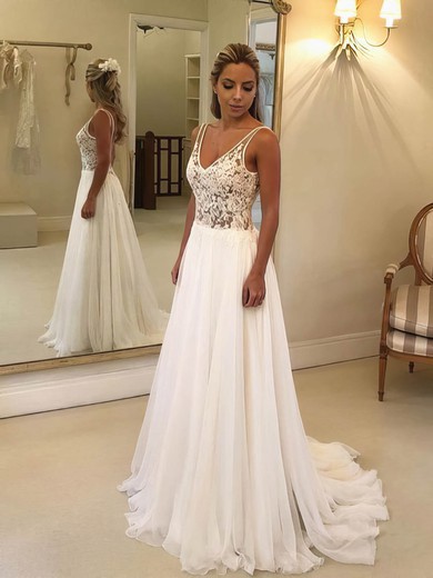 Chiffon Tulle V-neck Sweep Train A-line Appliques Lace Wedding Dresses #PWD00023484
