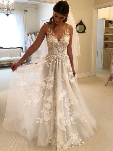 Tulle V-neck Sweep Train A-line Appliques Lace Wedding Dresses #PWD00023493