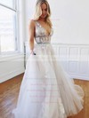 Tulle V-neck Sweep Train Princess Appliques Lace Wedding Dresses #PWD00023494