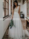 Lace Tulle V-neck Floor-length A-line Buttons Wedding Dresses #PWD00023497