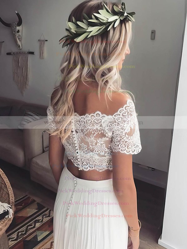 Lace Chiffon Off-the-shoulder Floor-length A-line Pleats Wedding Dresses #PWD00023499