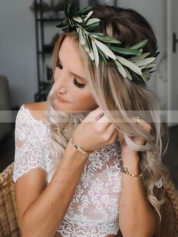 Lace Chiffon Off-the-shoulder Floor-length A-line Pleats Wedding Dresses #PWD00023499