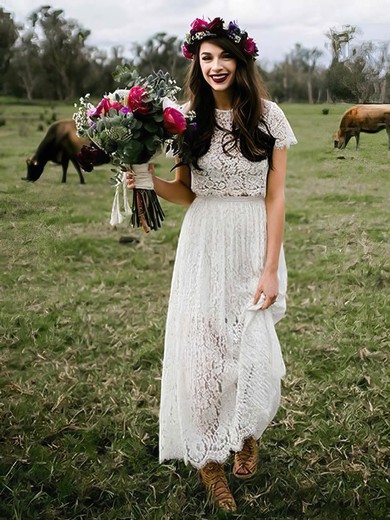 Lace Scoop Neck Ankle-length A-line Pleats Wedding Dresses #PWD00023500