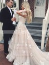 Tulle V-neck Sweep Train Princess Appliques Lace Wedding Dresses #PWD00023501