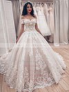 Tulle Off-the-shoulder Court Train Ball Gown Appliques Lace Wedding Dresses #PWD00023504