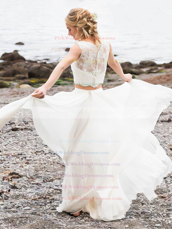 Lace Chiffon Scoop Neck Floor-length A-line Appliques Lace Wedding Dresses #PWD00023505