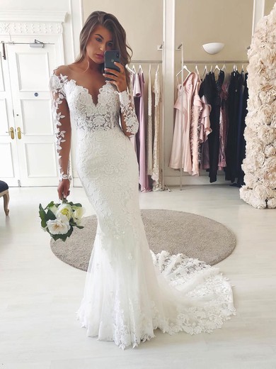 Tulle Lace Scoop Neck Sweep Train Trumpet/Mermaid Appliques Lace Wedding Dresses #PWD00023506