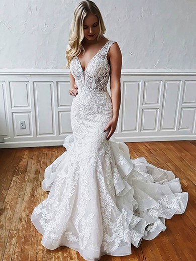 Organza Tulle V-neck Sweep Train Trumpet/Mermaid Appliques Lace Wedding Dresses #PWD00023508