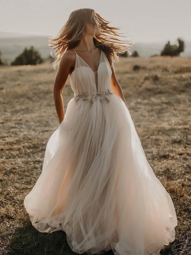 Tulle V-neck Floor-length Princess Sashes / Ribbons Wedding Dresses #PWD00023509