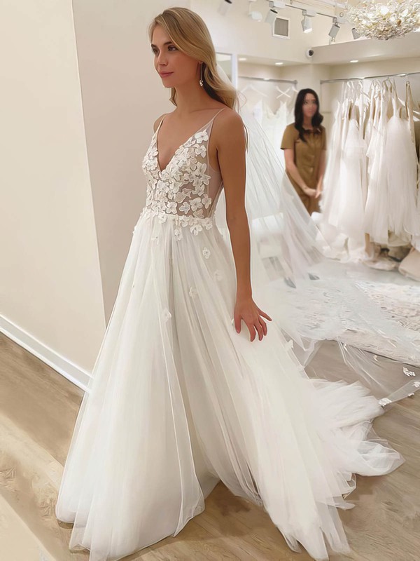 Tulle V-neck Sweep Train A-line Appliques Lace Wedding Dresses #PWD00023510