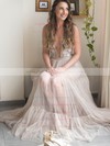 Tulle V-neck Floor-length A-line Appliques Lace Wedding Dresses #PWD00023512