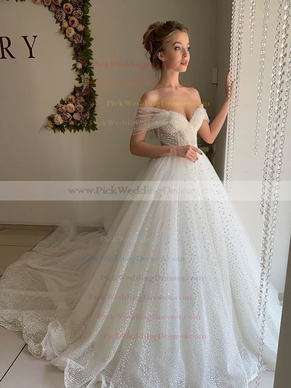Tulle Off-the-shoulder Sweep Train Ball Gown Ruffles Wedding Dresses #PWD00023513