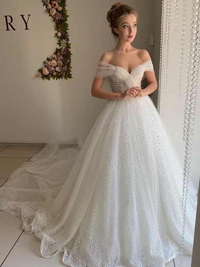 Tulle Off-the-shoulder Sweep Train Ball Gown Ruffles Wedding Dresses #PWD00023513