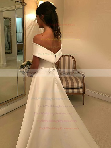 Satin Off-the-shoulder Sweep Train Princess Sashes / Ribbons Wedding Dresses #PWD00023517