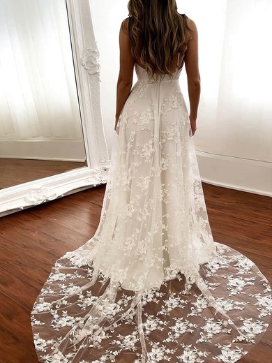 Lace V-neck Sweep Train A-line Split Front Wedding Dresses #PWD00023518