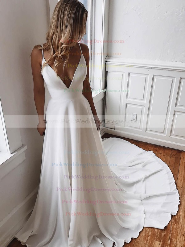Chiffon V-neck Sweep Train A-line Lace Wedding Dresses #PWD00023519
