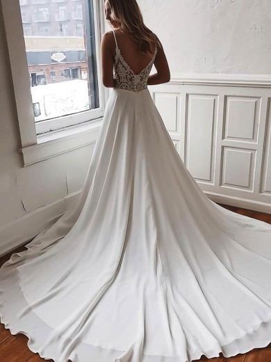Chiffon V-neck Sweep Train A-line Lace Wedding Dresses #PWD00023519