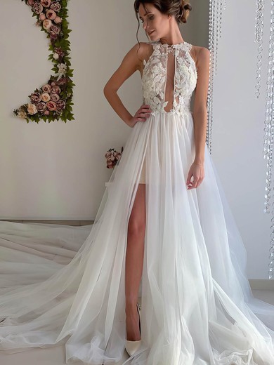 Tulle Scoop Neck Chapel Train A-line Appliques Lace Wedding Dresses #PWD00023520