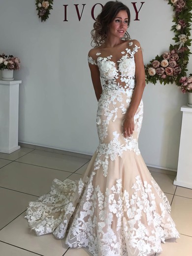 Tulle Scoop Neck Sweep Train Trumpet/Mermaid Appliques Lace Wedding Dresses #PWD00023521