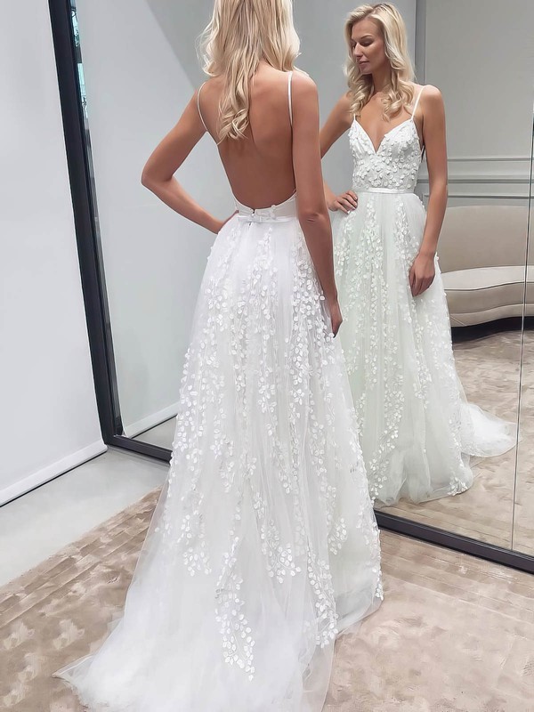 Tulle V-neck Sweep Train A-line Appliques Lace Wedding Dresses #PWD00023523