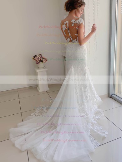 Lace Tulle Scoop Neck Sweep Train Trumpet/Mermaid Appliques Lace Wedding Dresses #PWD00023528