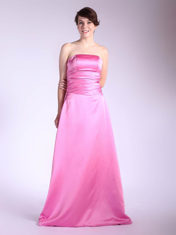 A-line Floor-length Satin Pleats Strapless Bridesmaid Dresses #PWD01012036