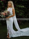 Lace High Neck Court Train Trumpet/Mermaid Split Front Wedding Dresses #PWD00023531