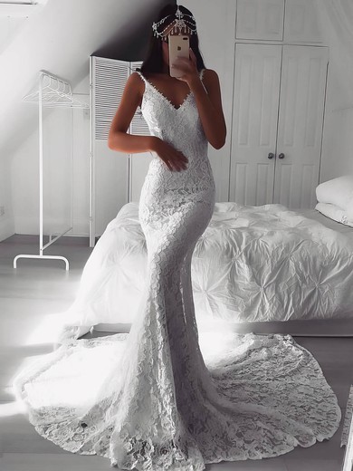 Lace V-neck Sweep Train Trumpet/Mermaid Appliques Lace Wedding Dresses #PWD00023532