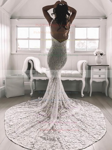 Lace V-neck Sweep Train Trumpet/Mermaid Appliques Lace Wedding Dresses #PWD00023532