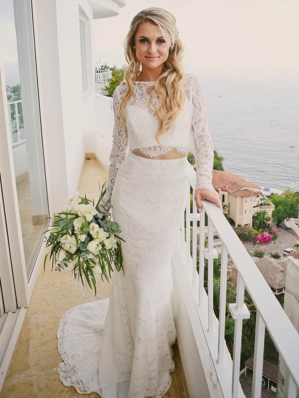 Lace Scoop Neck Sweep Train Trumpet/Mermaid Lace Wedding Dresses #PWD00023534