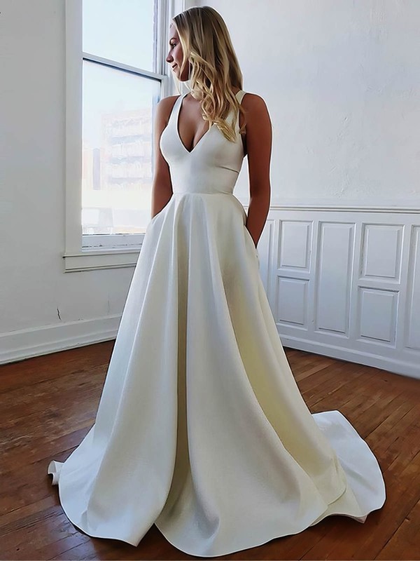 Satin V-neck Sweep Train A-line Bow Wedding Dresses #PWD00023538