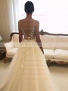 Tulle V-neck Sweep Train Ball Gown Beading Wedding Dresses #PWD00023574