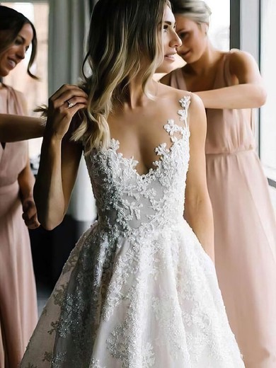 Lace Scoop Neck Sweep Train Princess Appliques Lace Wedding Dresses #PWD00023575